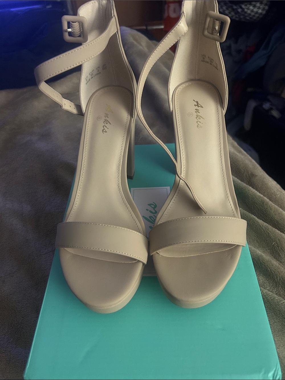 Ankle-Strap Platform Heels in Neutral Cream